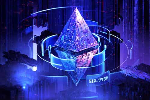 Abstract futuristic illustration of the Ethereum logo rendered as a glowing digital pyramid, surrounded by circular data streams, symbolizing a proposed Ethereum protocol upgrade labeled EIP-7786.