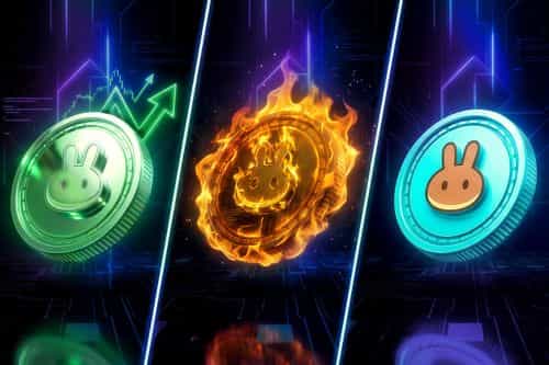 PancakeSwap (CAKE) coin shown three ways, bullish green, flaming “surge,” and cool blue.