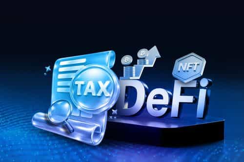 3D illustration of a tax document and magnifying glass beside DeFi and NFT symbols, representing crypto tax compliance, blockchain transparency, and decentralized finance reporting.