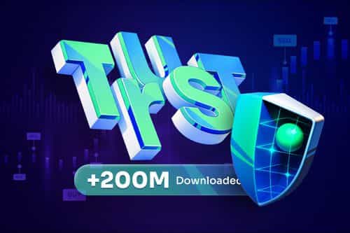 A smartphone screen displaying the Trust Wallet interface showing "SELL SELL SELL +200M Downloaded BUY" in text.